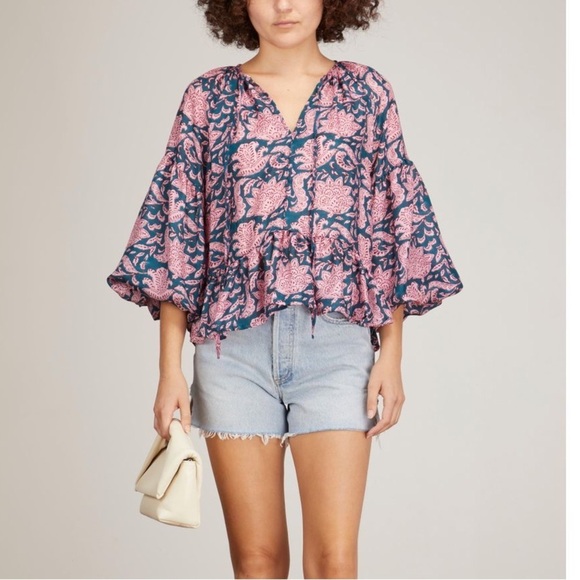 Hannah Artwear || Mirabella Tie Neck Puff Sleeve Top Floral Sheer Ivory 1 US 4 - Picture 10 of 10